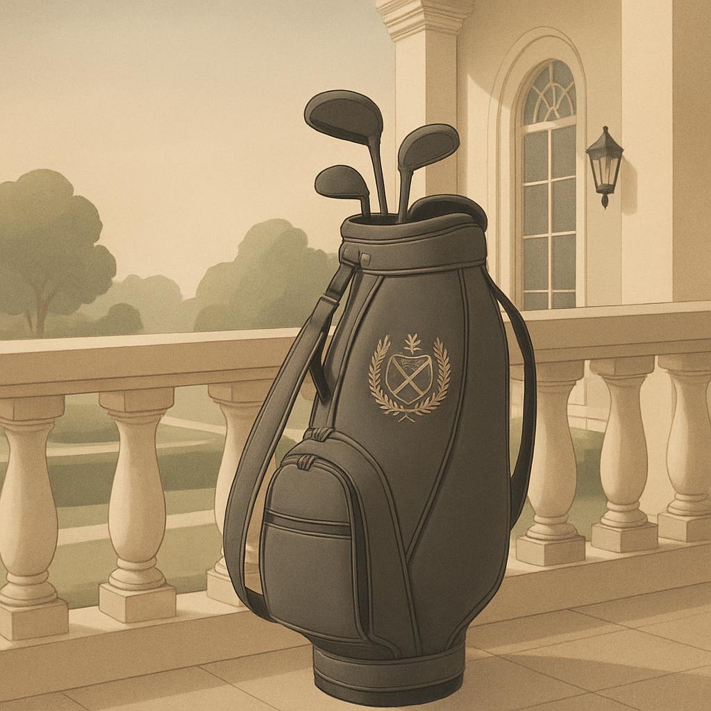 Un sac de golf sur un balcon avec des raquettes dans son interrupteur.